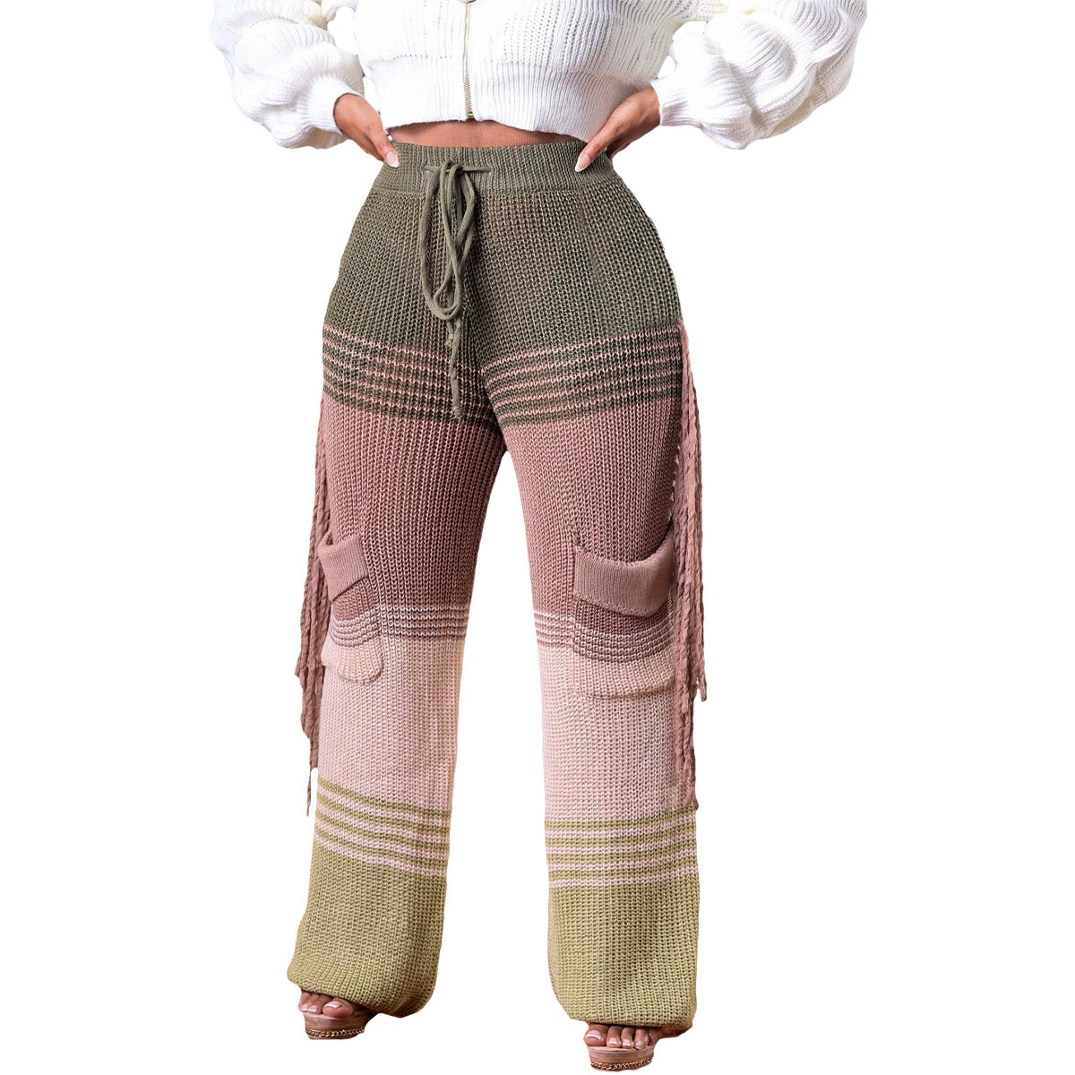 Pantalones rectos holgados con borlas y diseño de bloques de color para mujer, informales, de invierno
