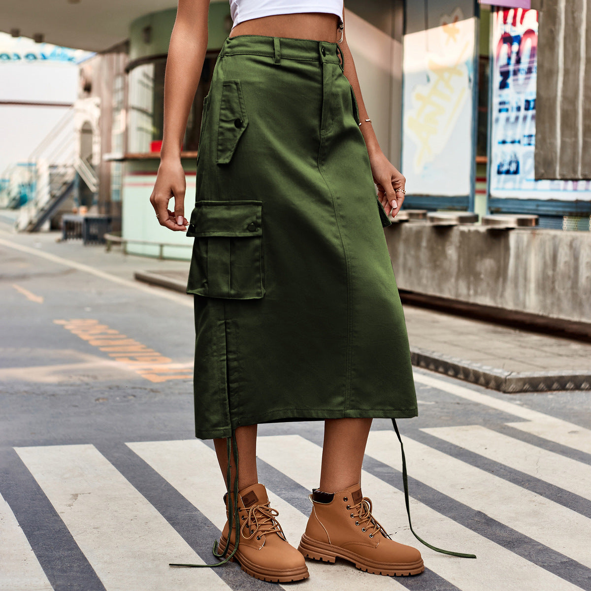 Women Fashion Casual Denim Lace-Up Pockets Mid-Length Skirt