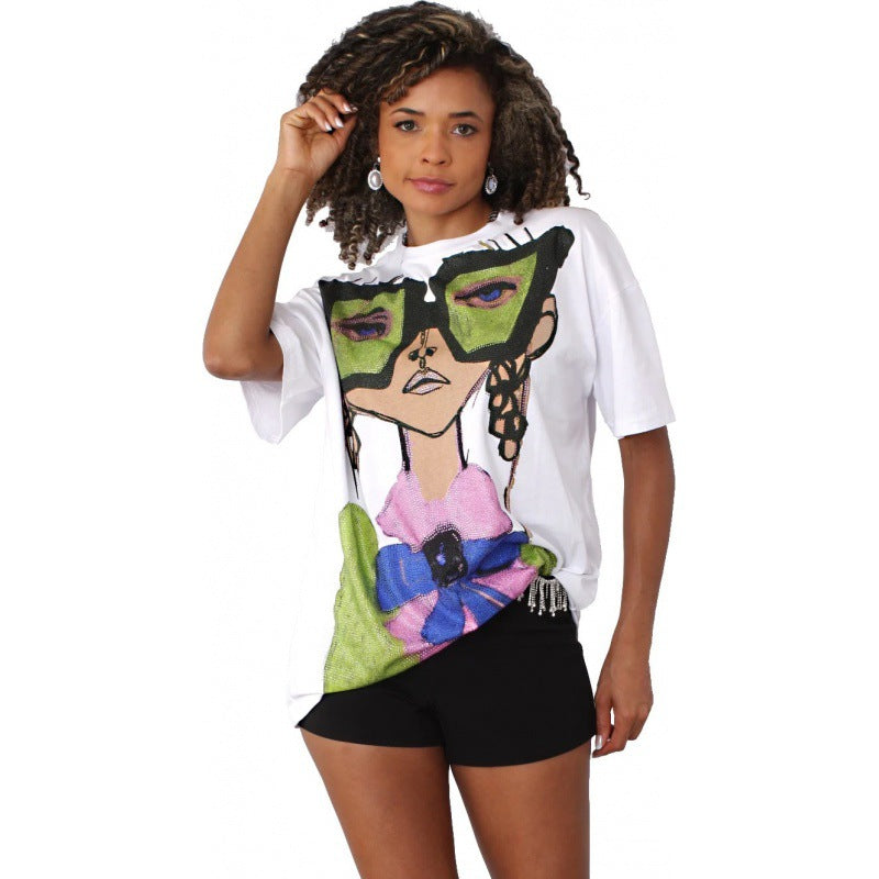 Camiseta informal holgada con cuello redondo y media manga para mujer con estampado gráfico