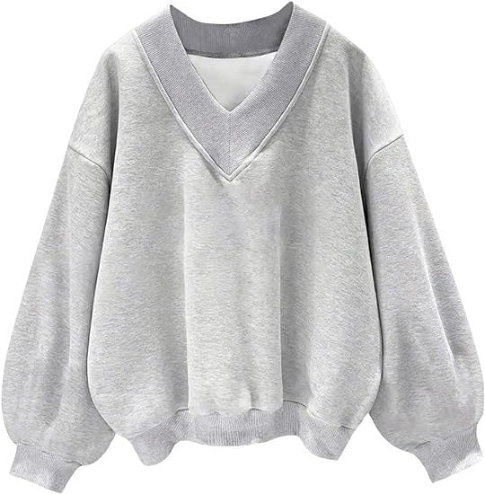 Women Fashion Casual Solid Color V-Neck Fleece-Lined Loose Sweatshirt