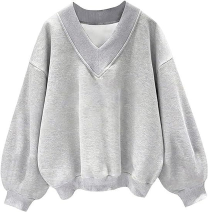 Women Fashion Casual Solid Color V-Neck Fleece-Lined Loose Sweatshirt