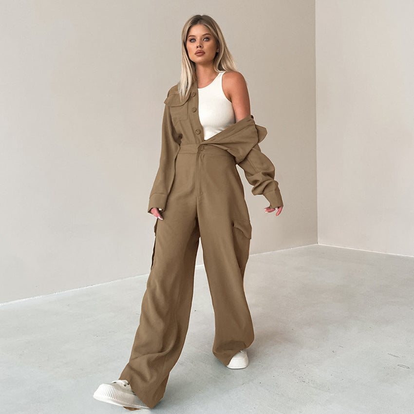 Women Fashion Casual Solid Color Lapel Long Sleeve Cargo Jumpsuits