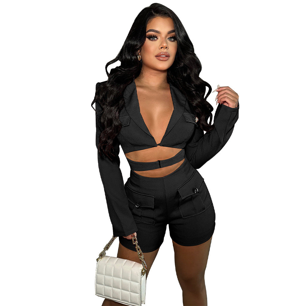 Women Fashion Casual Deep V Hollow Long Sleeve Rompers