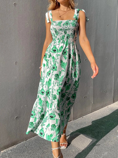 Vestido largo informal con cintura elástica definida y estampado floral para vacaciones de verano para mujer