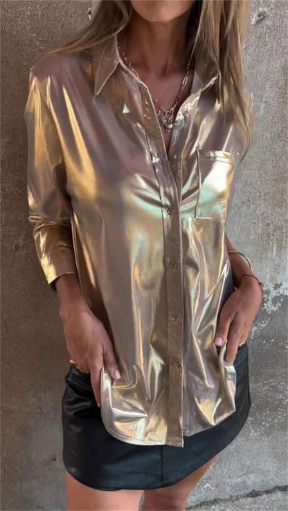 Women Casual Velvet Flashlight Lapel Cardigan Blouse