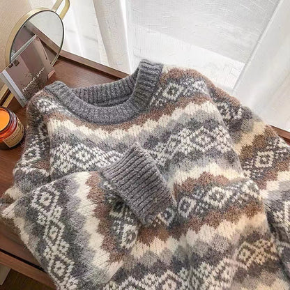 Loose Casual Rhomboid Jacquard Women Knitted Winter Autumn Sweater