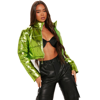 Abrigo corto con cremallera y cuello alto de color liso informal para mujer, moda Otoño Invierno