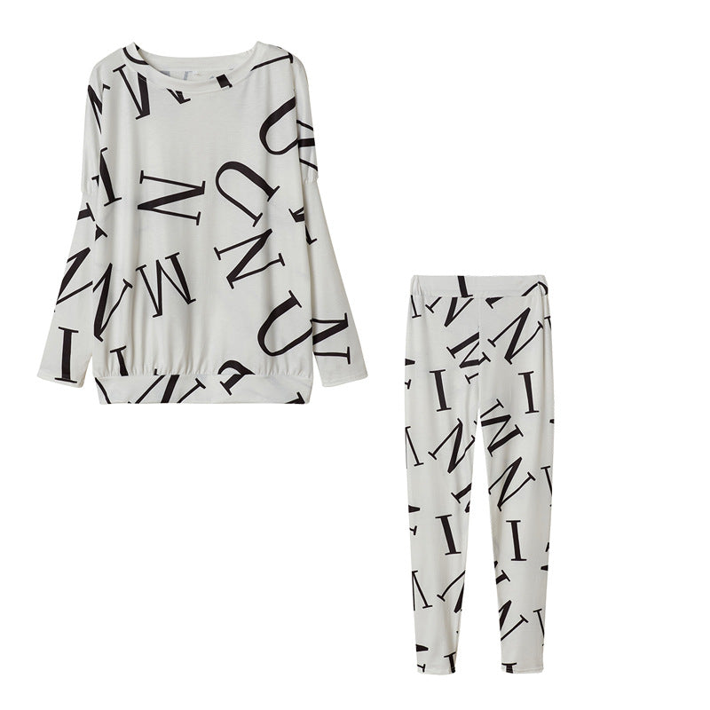 Conjunto de top y pantalón de manga larga con estampado de letras informales para mujer