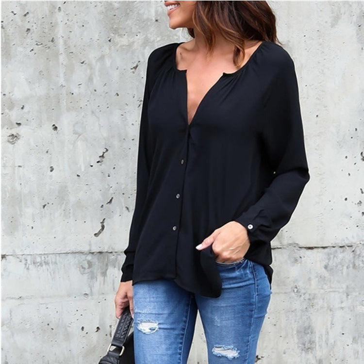 Blusa informal de gasa holgada con cuello en V y botones de manga larga para mujer