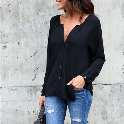 Blusa informal de gasa holgada con cuello en V y botones de manga larga para mujer