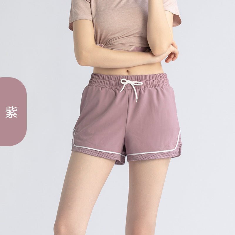 Pantalones cortos deportivos informales para correr, elásticos, antidecoloración, de dos piezas, sueltos y falsos para mujer