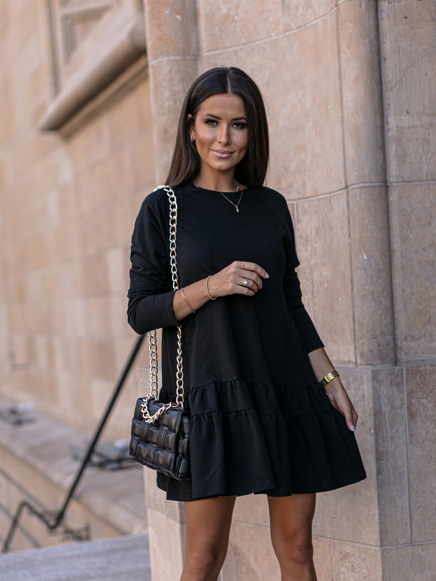 Vestido informal de manga larga para mujer, holgado, con cuello redondo y volantes, color liso