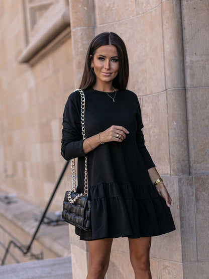 Vestido informal de manga larga para mujer, holgado, con cuello redondo y volantes, color liso