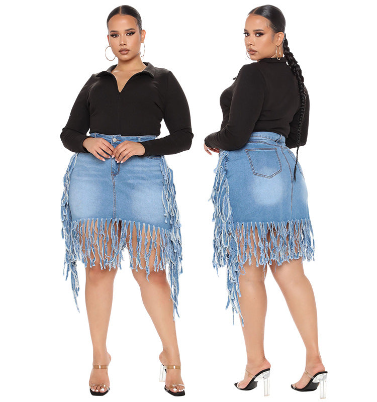 Plus Size Women Casual Solid Color Tassel Denim Skirt