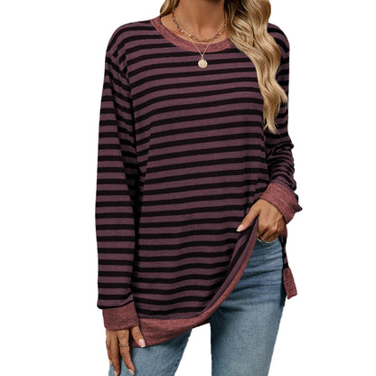 Camiseta informal de manga larga con cuello redondo y rayas para mujer