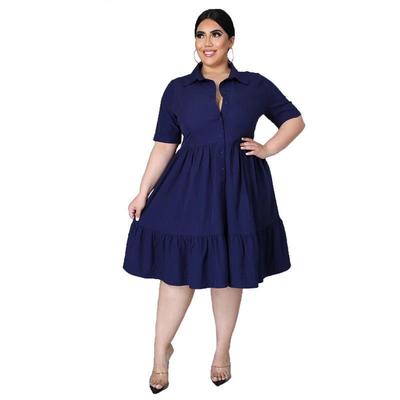 Plus Size Women Summer Casual Solid Color Short Sleeves Single-breasted Ruffled Shirt Dress