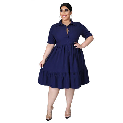 Plus Size Women Summer Casual Solid Color Short Sleeves Single-breasted Ruffled Shirt Dress