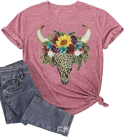 Camiseta informal de verano para mujer con estampado de cabeza de vaca, estilo retro occidental, cuello redondo y manga corta