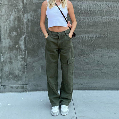 Pantalones vaqueros cargo de mezclilla de color sólido con cintura alta y bolsillos casuales para mujer