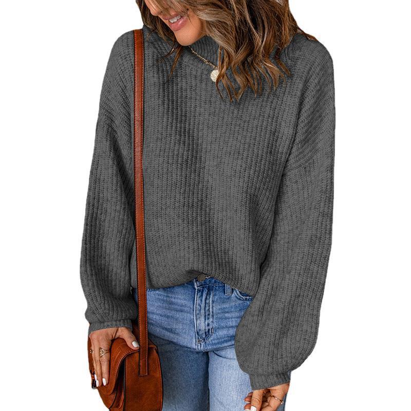 Suéter informal holgado de punto con cuello alto y mangas abullonadas de color liso para mujer de invierno