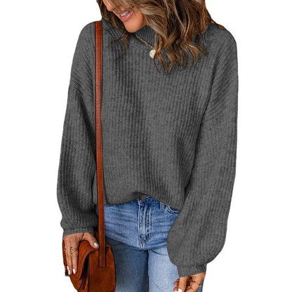 Suéter informal holgado de punto con cuello alto y mangas abullonadas de color liso para mujer de invierno