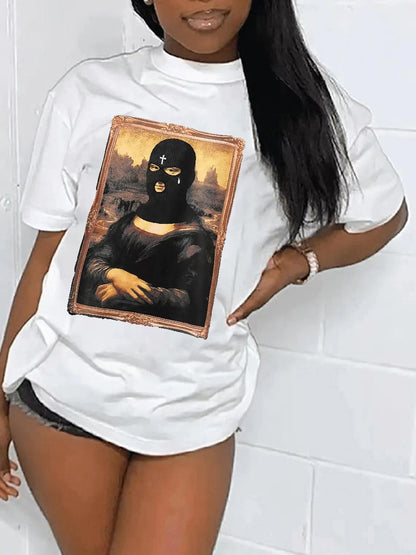 Camiseta informal de manga corta con cuello redondo y estampado gráfico para mujer