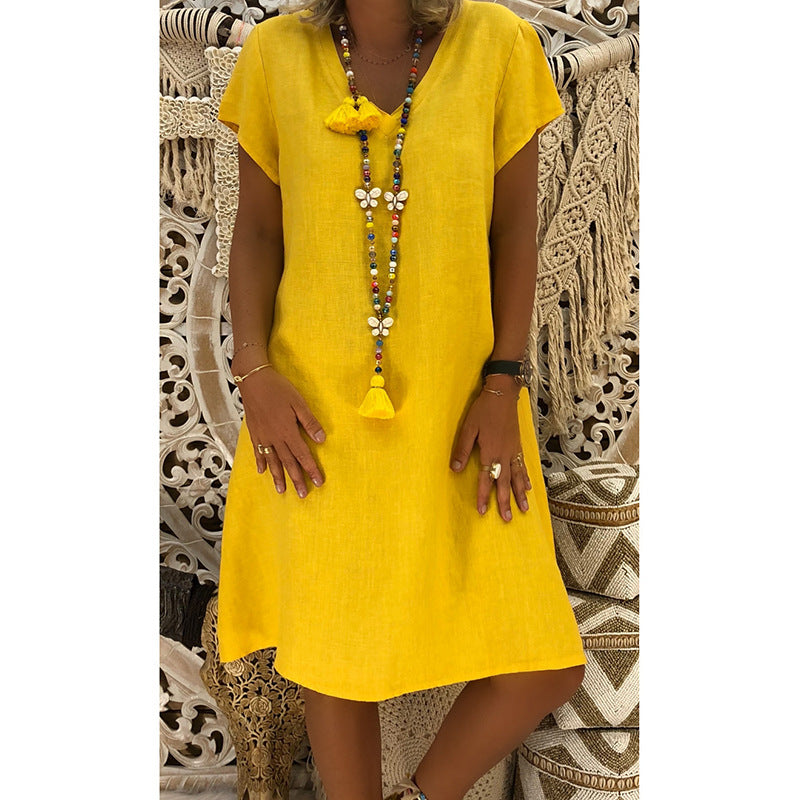 Clearance Sale Women Casual Solid Color Short Sleeve V Neck Dress