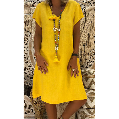 Clearance Sale Women Casual Solid Color Short Sleeve V Neck Dress