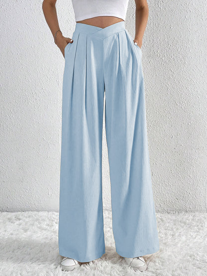 Pantalones anchos plisados de color liso, elegantes e informales para mujer