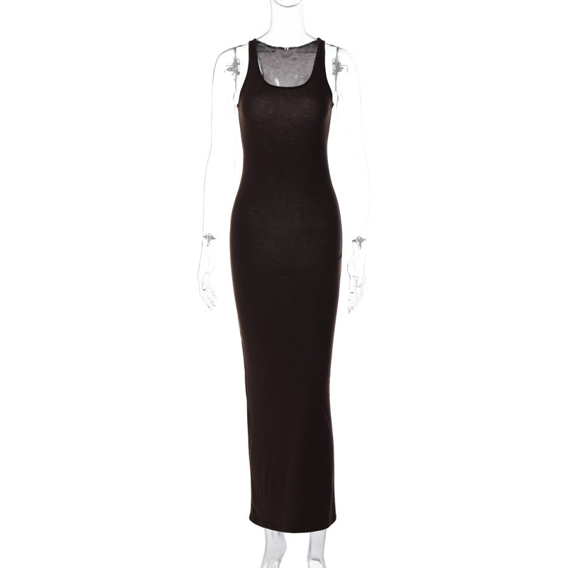 Vestido maxi ajustado liso con escote en U, básico, informal y a la moda para mujer