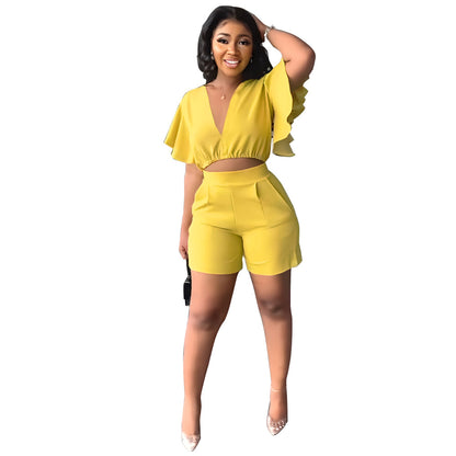 Conjunto de dos piezas de verano para mujer: top corto con cuello en V y pantalones cortos informales con volantes