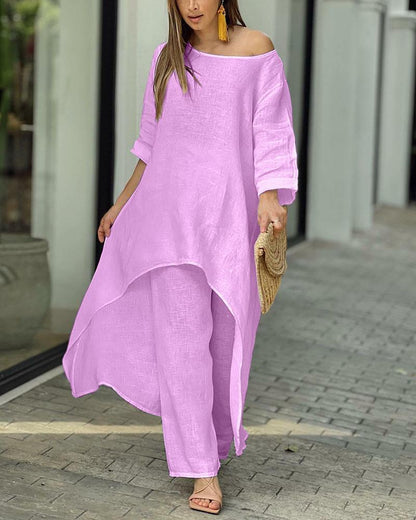 Conjunto de top y pantalones anchos de manga larga irregulares de algodón y lino de color liso informal para mujer