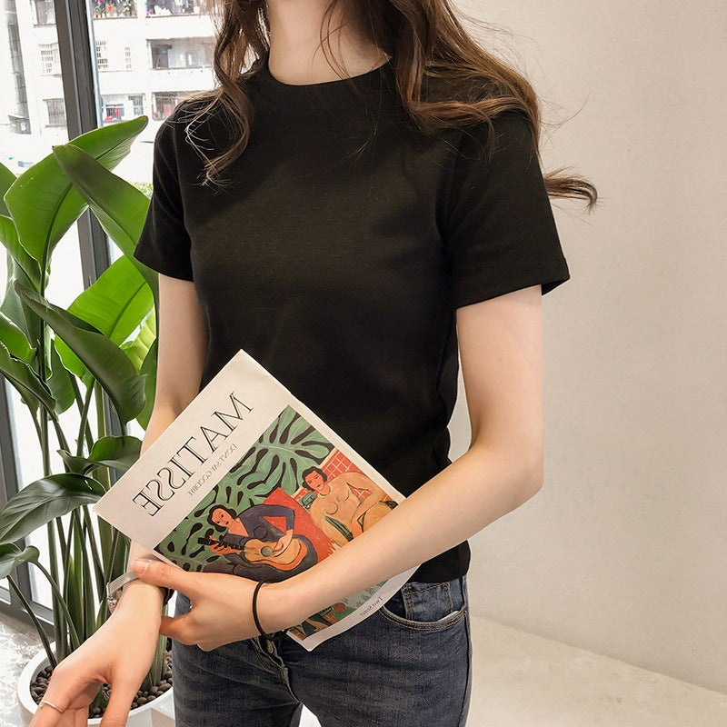 Camiseta básica informal de manga corta con cuello redondo y color liso para mujer