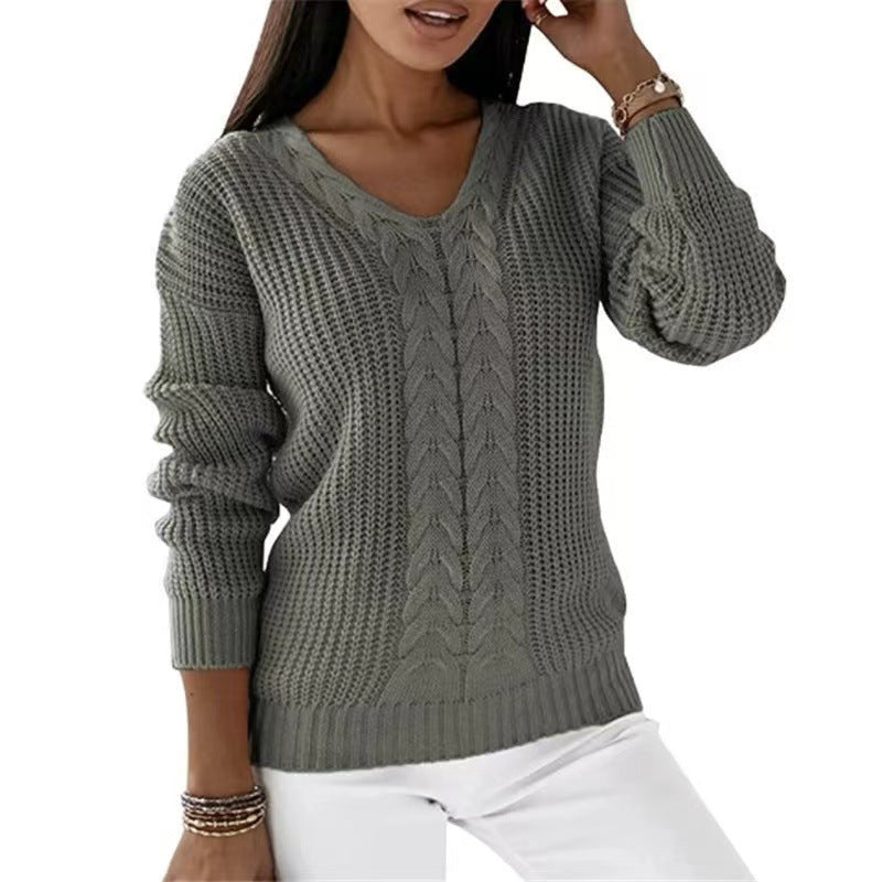 Women Fashion Casual V-Neck Long Sleeve Solid Color Knitted Sweater