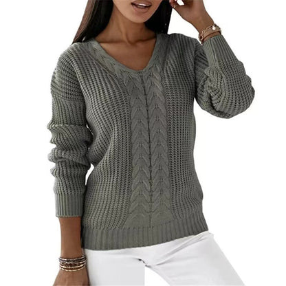 Women Fashion Casual V-Neck Long Sleeve Solid Color Knitted Sweater