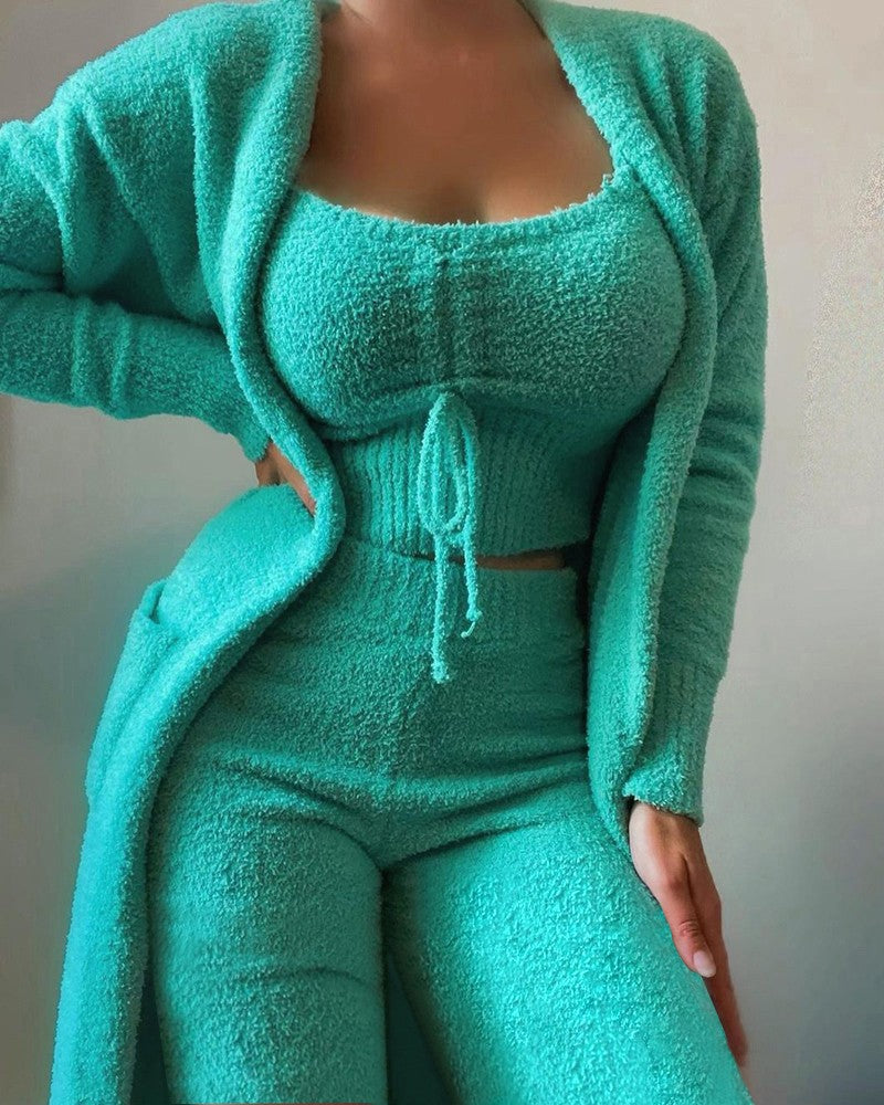 Conjunto de tres piezas de punto informal para mujer, camiseta sin mangas de felpa de color liso de invierno, pantalones y abrigo con cintura elástica