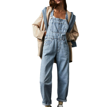 Women Fashion Casual Loose Denim Strap Pants