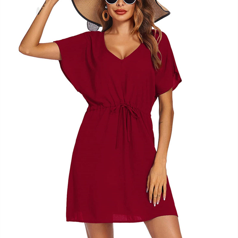 Women Fashion Casual Solid Color V Neck Batwing Sleeves Drawstring Waist Dress
