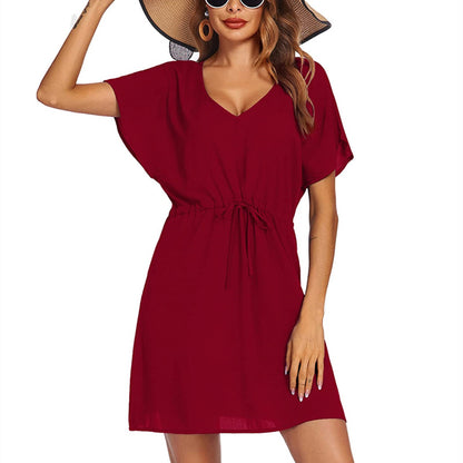 Women Fashion Casual Solid Color V Neck Batwing Sleeves Drawstring Waist Dress