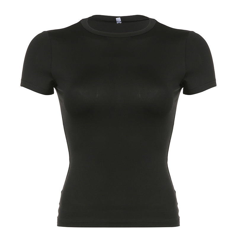 Camiseta informal de manga corta con cuello redondo y color liso para mujer