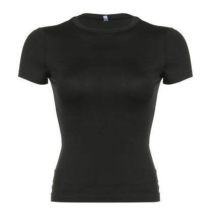 Camiseta informal de manga corta con cuello redondo y color liso para mujer