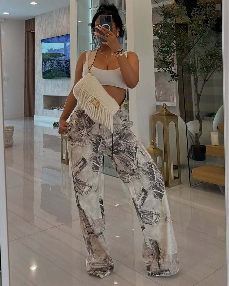 Women Fashion Casual Printed Elastic Drawstring Loose Pants