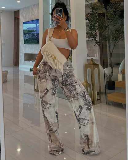 Women Fashion Casual Printed Elastic Drawstring Loose Pants