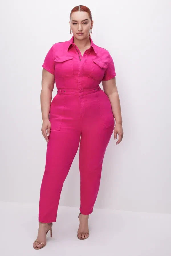 Plus Size Office Fashion Casual Women Solid Color Slim Fit Short Sleeve Lapel Jumpsuits