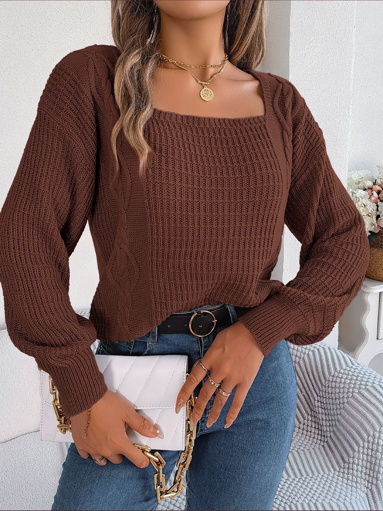 Autumn Winter Women Fashion Casual Solid Color Square Collar Twist Lantern Sleeve Knitted Sweater