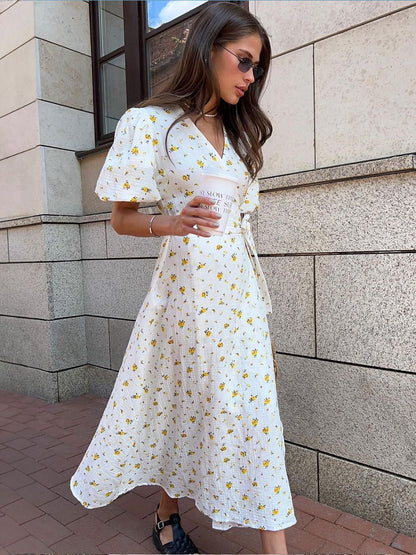 Women Fashion Casual Floral Printed V-Neck Puff Sleeve Lace-Up Dress