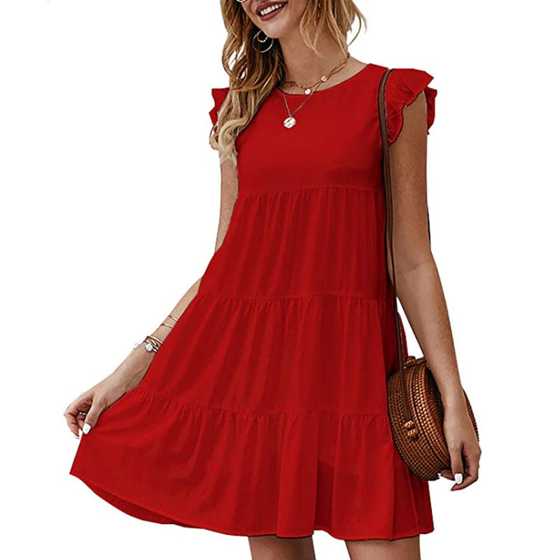 Women Summer Casual Solid Color Round Neck Casual Pleated Large Swing Dress