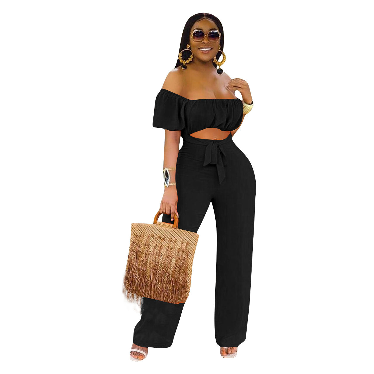 Women Solid Color Backless One-Shoulder One-Piece Casual Wide-Leg Jumpsuit