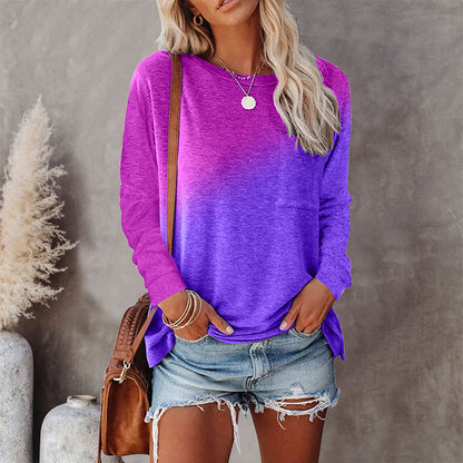 Casual Fashion Women Gradient Color Long Sleeve Round Neck T-Shirt