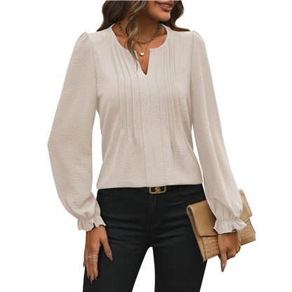 Camisa informal de gasa con cuello en V y manga larga para mujer